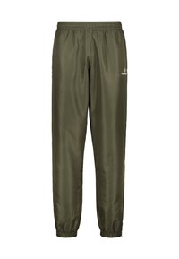 Olijfgroene trainingsbroek van soepel, lichtgewicht stof. Heeft een elastische tailleband en geperste zoom, met een discreet logo aan de zijkant.
