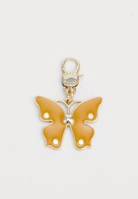 Butterfly charm in matte yellow with gold-tone metal hardware. Features a central metallic accent and three holes on each wing.