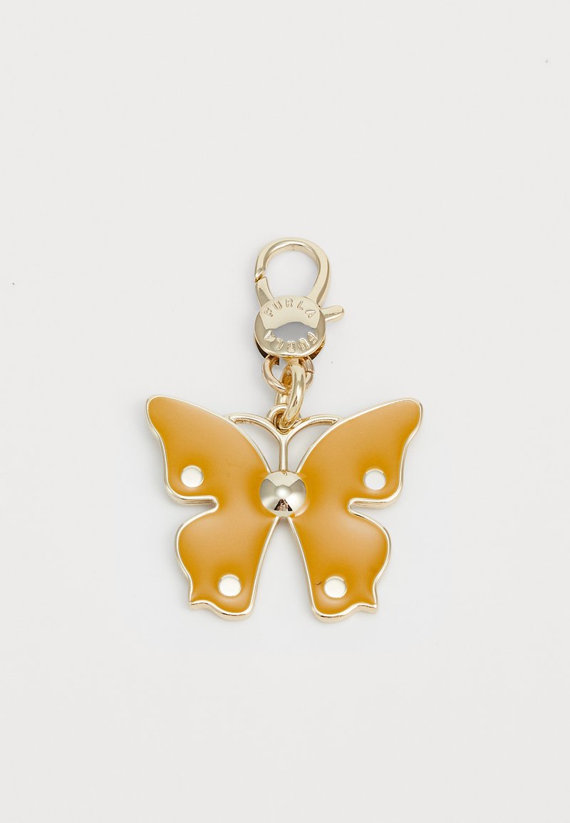 Butterfly charm in matte yellow with gold-tone metal hardware. Features a central metallic accent and three holes on each wing.