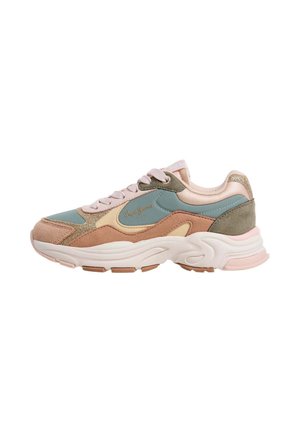 Massiver Sneaker mit gemischten Pastellpaneelen in Pink, Blau, Beige und Oliv, Schnürverschluss und weißer strukturierter Sohle.