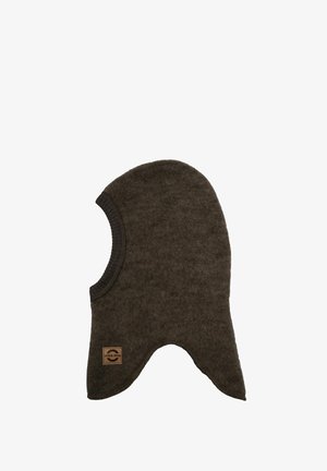 Donkerbruine wollen bivakmuts met zacht, gestructureerd materiaal, voorzien van een afgeronde vorm, open gezicht en gestikte randen. Heeft een klein logolabel.