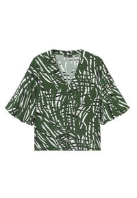 Blusa verde e bianca con motivo a V, maniche corte e design a righe astratte. Realizzata in tessuto morbido con una vestibilità comoda.