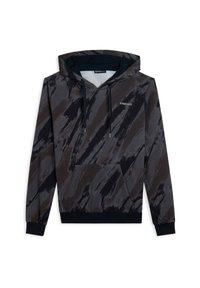 Sudadera con capucha en negro y gris con un patrón de pinceladas, que cuenta con un bolsillo tipo canguro en la parte frontal y cordones. Tela suave y puños acanalados.