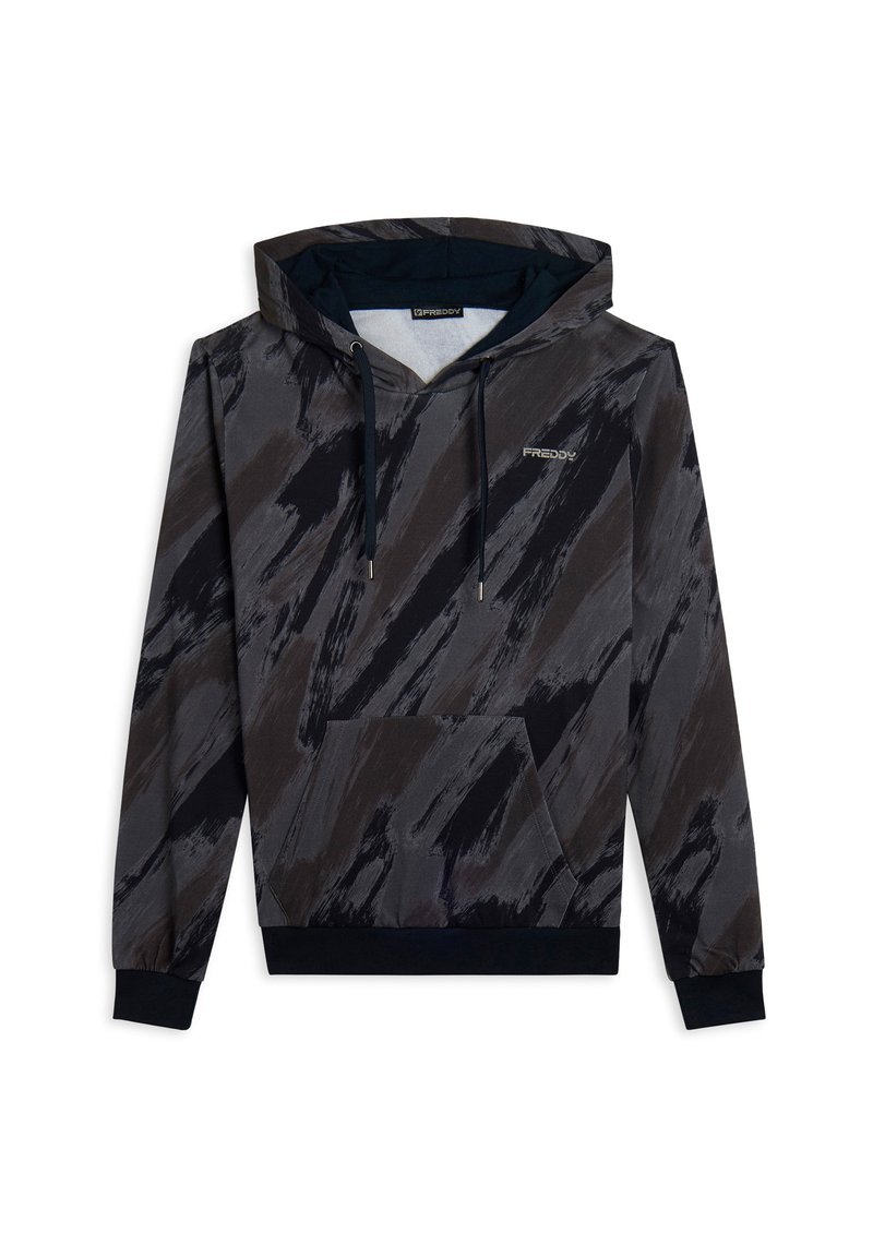 Sudadera con capucha en negro y gris con un patrón de pinceladas, que cuenta con un bolsillo tipo canguro en la parte frontal y cordones. Tela suave y puños acanalados.