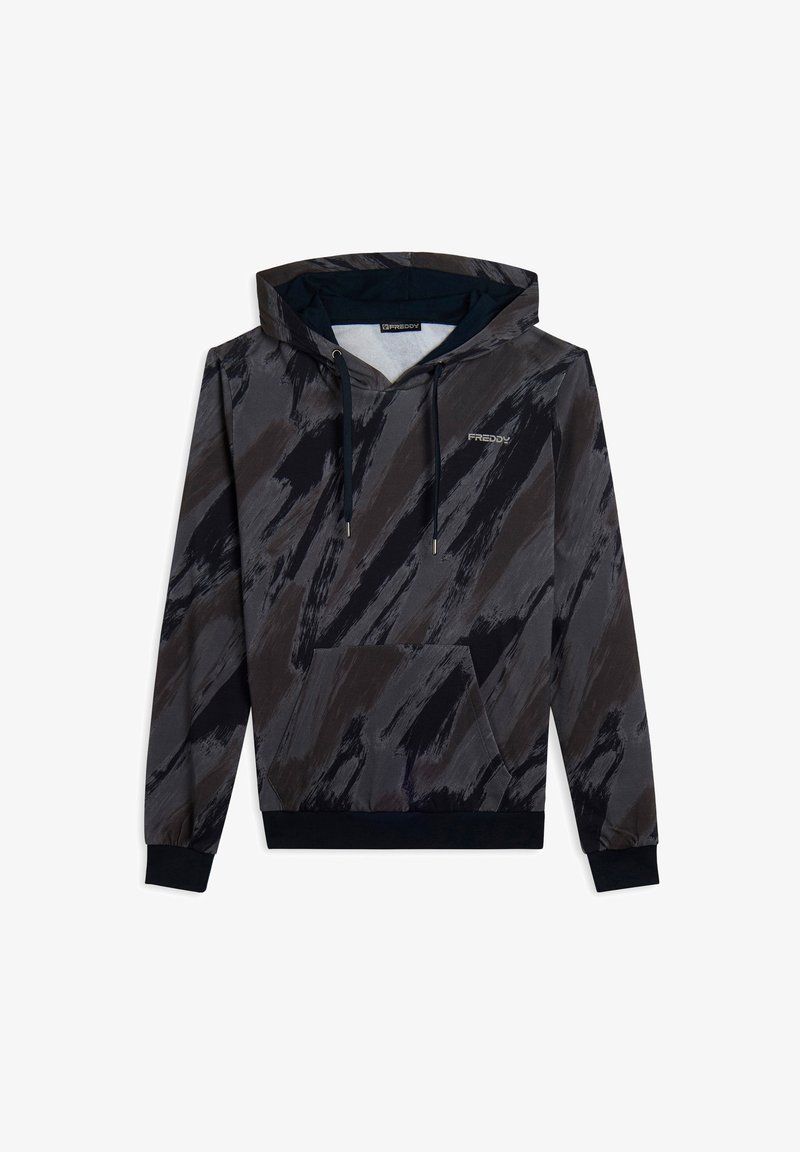 Sudadera con capucha en negro y gris con un patrón de pinceladas, que cuenta con un bolsillo tipo canguro en la parte frontal y cordones. Tela suave y puños acanalados.