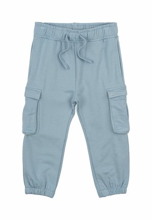 Ljust blå cargobyxor i mjuk bomullsblandning, med elastisk midja, dragsnodd och två sidofickor med klaff.
