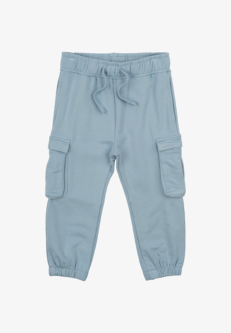 Svetlo modri cargo hlače iz mehkega bombažnega materiala, z elastičnim pasom, vrvico in dvema stranskima žepoma s preklopom.
