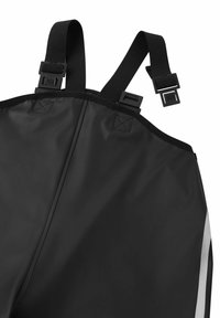 Black waterproof overalls with adjustable black straps and plastic buckles. Features a smooth texture and reflective silver accents on the sides.