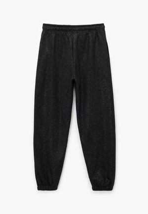 Pantalones jogger negros hechos de material brillante, con una cinturilla elástica y puños en los tobillos, que presentan una textura suave y un sutil efecto de brillo.