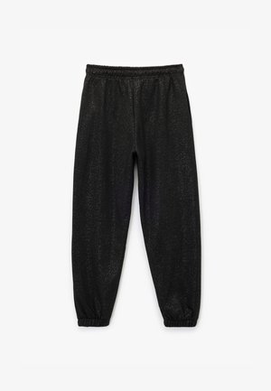 Pantalones jogger negros hechos de material brillante, con una cinturilla elástica y puños en los tobillos, que presentan una textura suave y un sutil efecto de brillo.