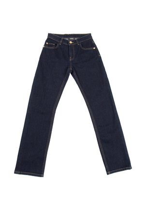 Jeans in denim blu scuro con design a gamba dritta, cuciture dorate, tasche frontali e chiusura a bottone in vita.