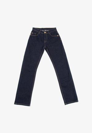 Jeans in denim blu scuro con design a gamba dritta, cuciture dorate, tasche frontali e chiusura a bottone in vita.