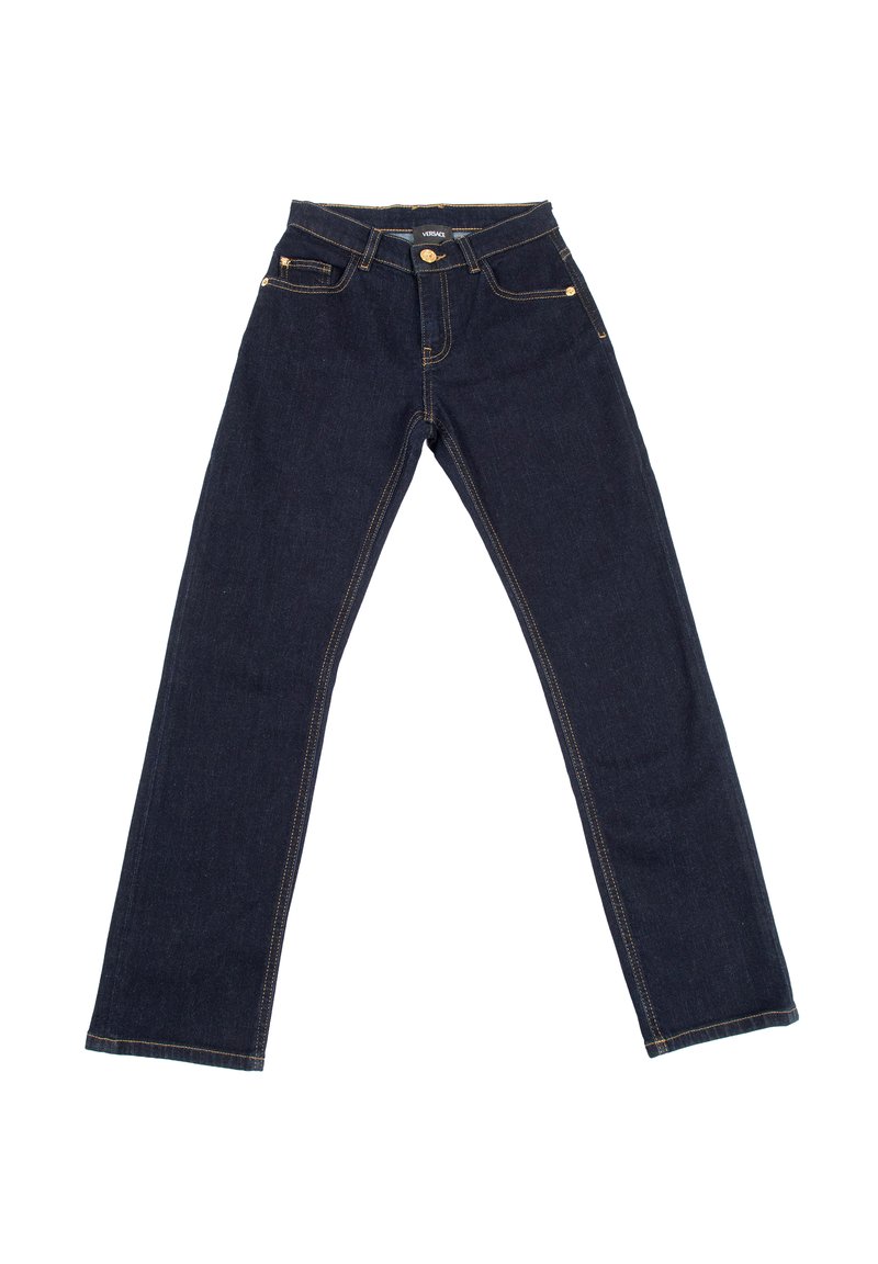 Jeans in denim blu scuro con design a gamba dritta, cuciture dorate, tasche frontali e chiusura a bottone in vita.