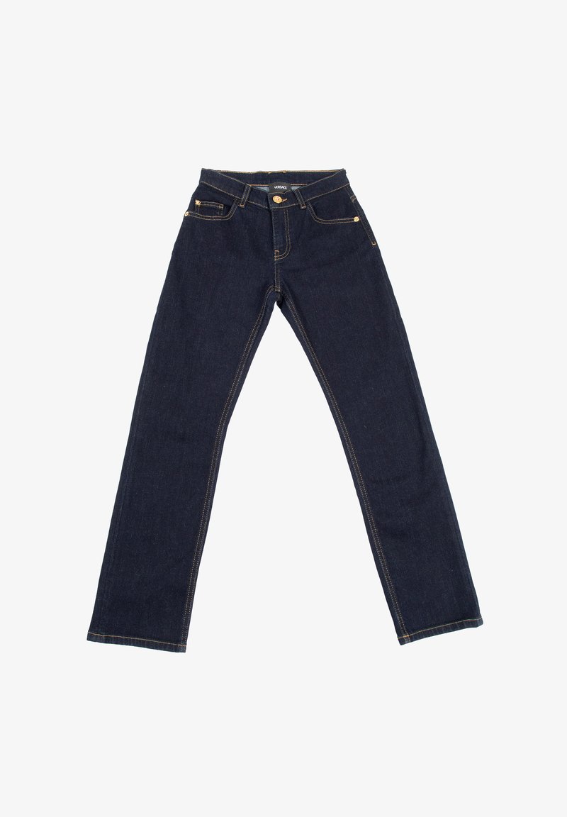 Jeans in denim blu scuro con design a gamba dritta, cuciture dorate, tasche frontali e chiusura a bottone in vita.