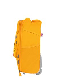 Yellow wheeled backpack with a textured design, featuring a large zippered compartment, side pockets, and orange accents.