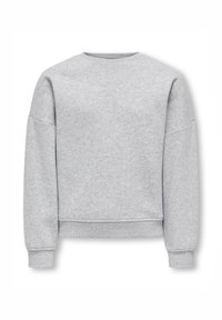 Szürke pulóver kerek nyakkivágással, hosszú ujjakkal és bordázott mandzsettákkal. Puha, texturált anyagból készült, rövidített szabással.