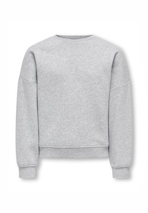 Sudadera gris con cuello redondo, mangas largas y puños acanalados. Está hecha de un tejido suave y texturizado con un diseño corto.