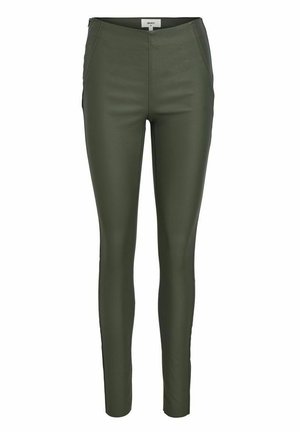 Olivenfarvede veganske læderleggings, slim fit, med høj talje, glat tekstur og syninger langs siderne.
