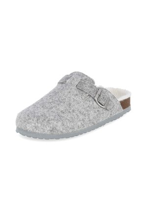Zachte grijze instappantoffel met verstelbare zijgesp en witte pluizige voering, ontworpen voor comfort en warmte binnenshuis.