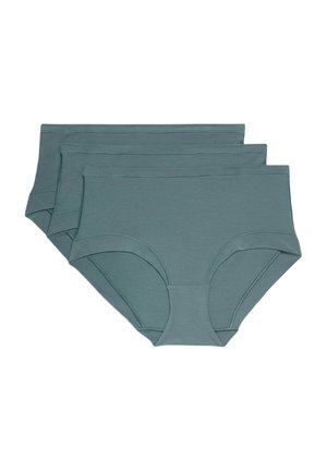 Three pairs of women's cotton brief underwear in a muted teal color. Soft fabric with a seamless design and elastic waistbands.