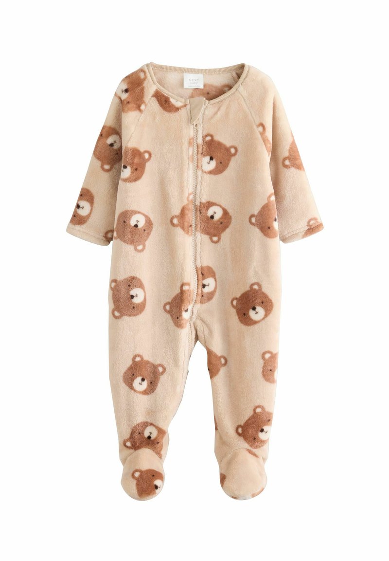 Mjukt beige babydräkt täckt med söta bruna björnmönster, med lång ärm, en framdragkedja och täckta fötter för värme.