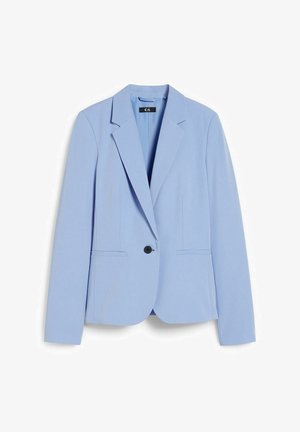 Light blue blazer made of smooth fabric, featuring a single black button, notched lapels, and two front pockets. Tailored fit.