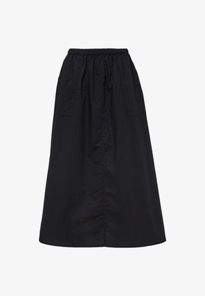 Black, ankle-length skirt with an elastic waistband, featuring two side pockets and a smooth, lightweight fabric texture.