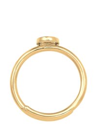 Anello d'oro con una finitura liscia e lucida. Presenta una parte superiore arrotondata e una semplice fascia circolare. Nessun dettaglio o motivo complesso visibile.