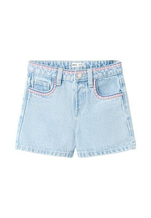 Svijetloplave traper kratke hlače s prednjim džepovima i petljama za remen, s ružičastim prugastim obrubom duž pojasa i rubova džepova.