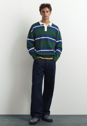 PULL&BEAR, STRIPED LONG SLEEVE KNIT - POLO SHIRT - Polo - dark green