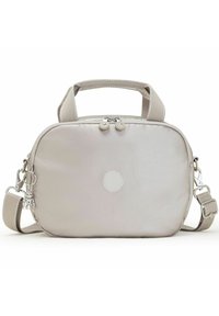 Sac banane en nylon beige avec une forme arrondie, deux zips, une poignée courte et une bandoulière réglable. Présente un détail de logo circulaire.