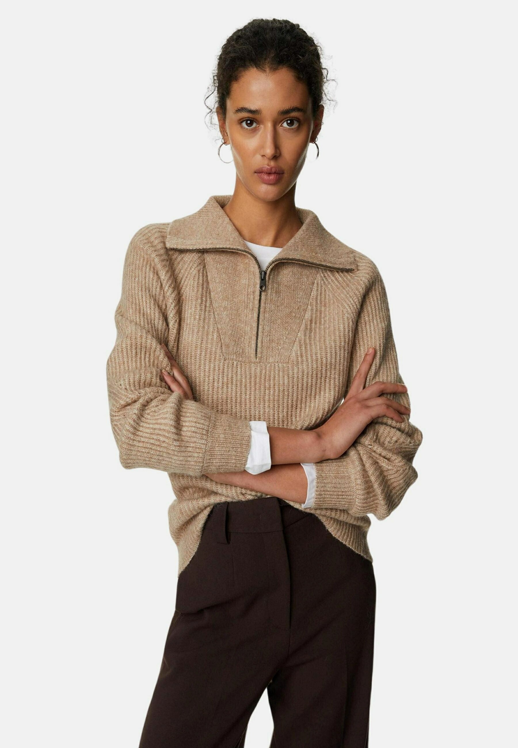 OXMO Damen Strickpullover Troyer – Grobstrick Mit Stehkragen, Zopfmuster, Rippbündchen, Regular Fit, Nachhaltige Baumwolle