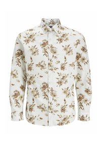 Košile na knoflíky z bílého bavlněného materiálu s květinovým potiskem ve hnědých odstínech. Má rozšířený límec, dlouhé rukávy a rovný spodní lem.