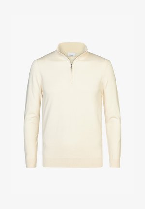 Cream-colored pullover sweater with a half-zip collar, long sleeves, ribbed cuffs, and a smooth texture. Minimalist design, no patterns.
