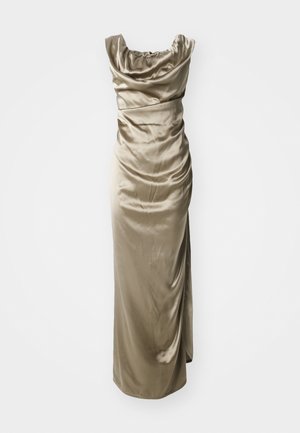 Abito maxi in satin di un verde oliva chiaro. Presenta un scollo drappeggiato e una silhouette aderente con dettagli arricciati sul corpino.