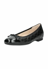 Ballerine nere con una texture trapuntata, punte in vernice lucida e un fiocco decorativo nella parte anteriore. Tacco basso e suola flessibile per il massimo comfort.