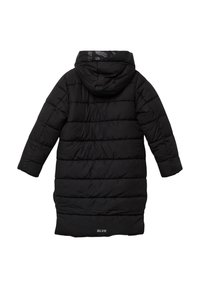 Schwarzer Puffer-Mantel mit Kapuze, gestepptem Design und mittellanger Passform. Enthält ein dezentes Logo am Saum und eine glatte, glänzende Oberfläche.
