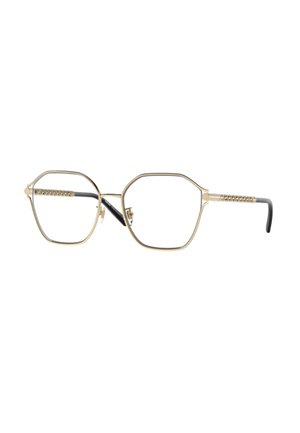 Monture de lunettes en métal doré avec verres hexagonaux et embouts de branches noirs, présentant des détails texturés sur les branches.