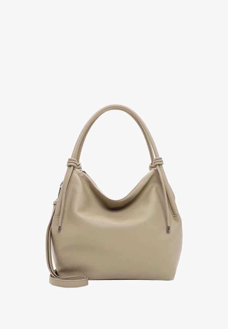 Beżowa skórzana torebka z teksturowaną powierzchnią, luźnym fasonem, podwójnymi uchwytami i odpinanym paskiem. Akcenty w kolorze srebrnym.