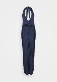 Mørkeblå halterneck jumpsuit med dyp V-hals og samlet stoffdetalj i livet, med brede ben og glatt tekstur.