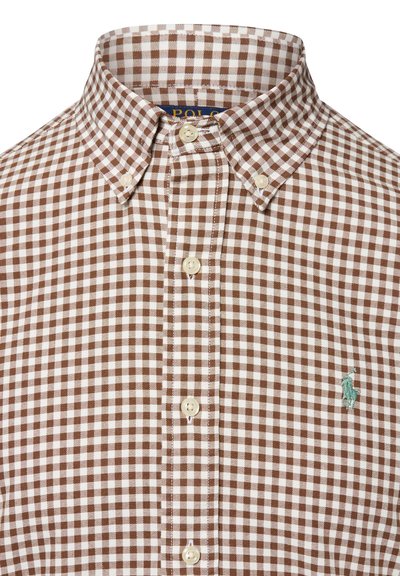 Brown and white gingham check long-sleeve shirt, button-down collar, light buttons, features a small blue polo player logo on the chest.