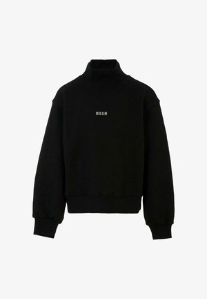 Czarny, krótki sweter z wysokim kołnierzem i długimi rękawami. Posiada małe logo "MSGM" na środku. Wykonany z fakturowanej tkaniny.