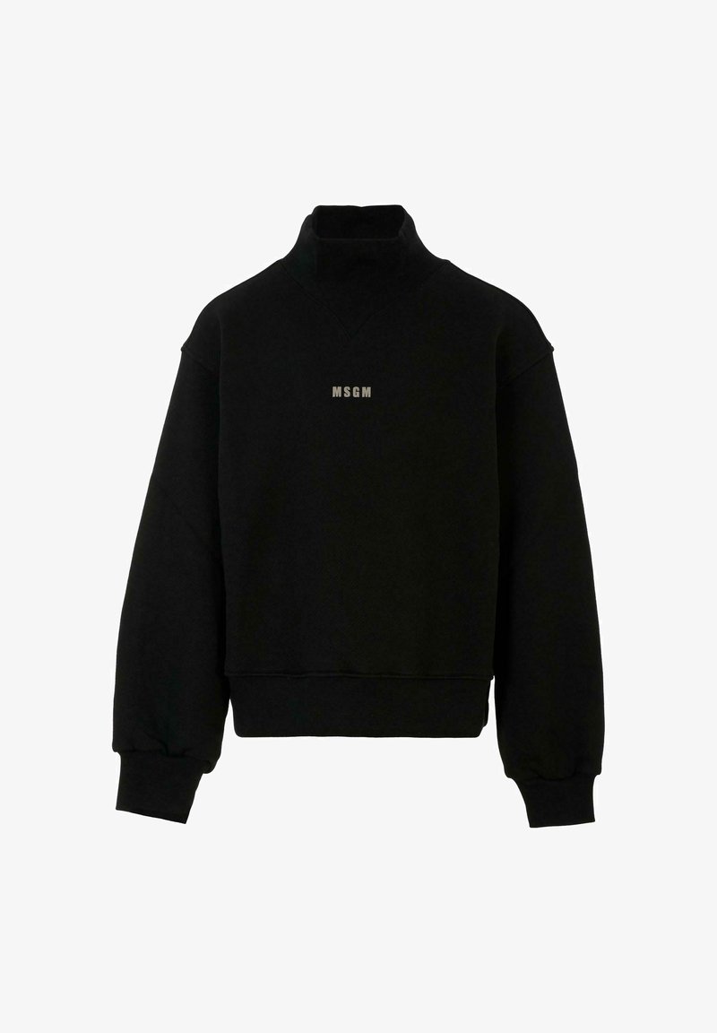 Felpa nera, cropped, con collo alto e maniche lunghe. Presenta un piccolo logo "MSGM" al centro. Realizzata in un tessuto testurizzato.