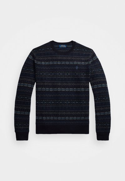 Navy sweater with a crew neck, featuring geometric patterns in light blue and grey. Made from textured knit material with ribbed cuffs.