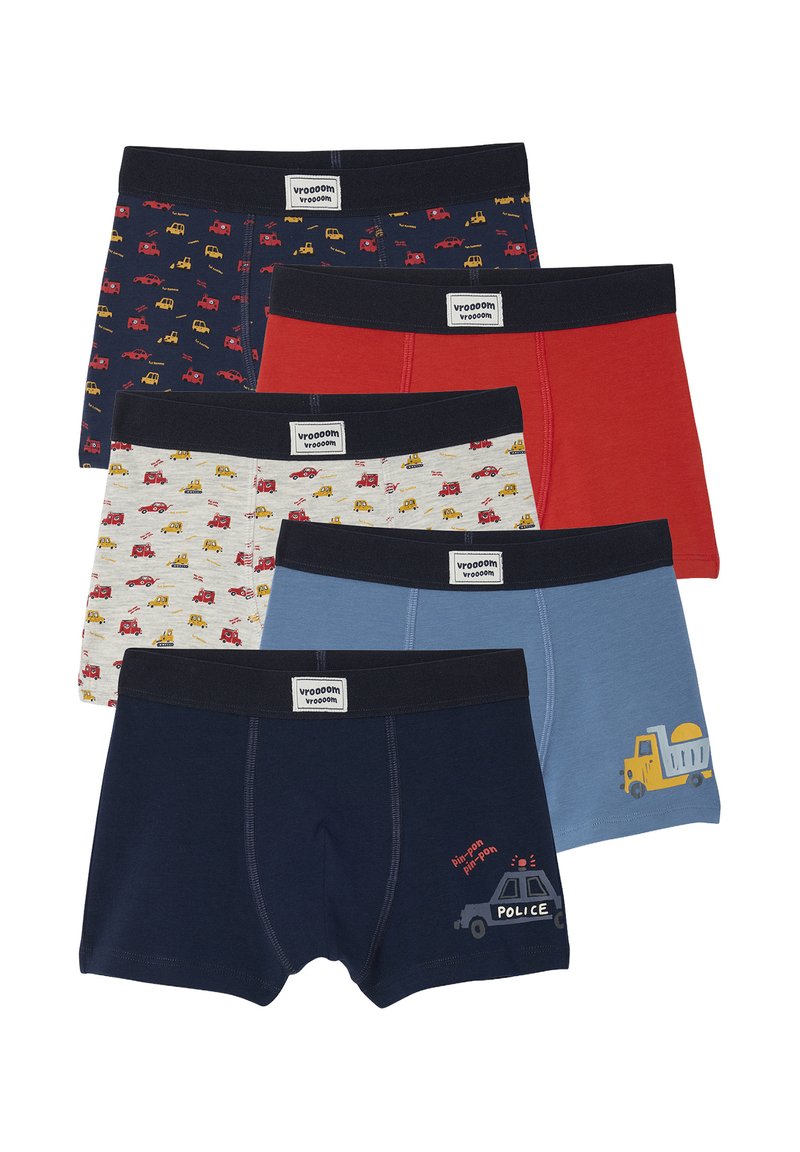 Fünf Paar Boxershorts: verschiedene Farben einschließlich Marineblau, Rot, Grau und Blau, mit Fahrzeugmustern und einem strukturierten Bund.