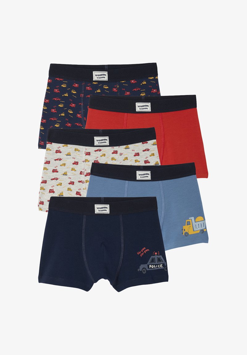 Fünf Paar Boxershorts: verschiedene Farben einschließlich Marineblau, Rot, Grau und Blau, mit Fahrzeugmustern und einem strukturierten Bund.