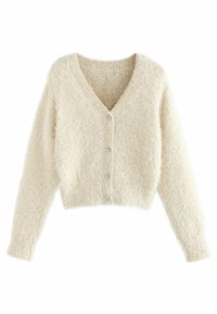 Cream fuzzy cardigan with a v-neck, long sleeves, and five button closure, featuring soft texture and cropped design.