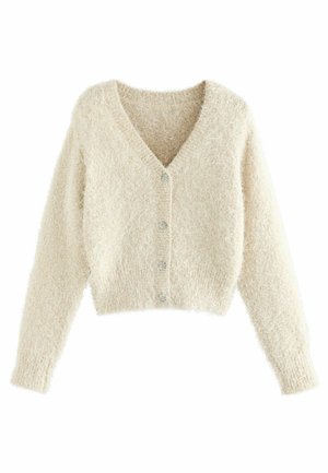 Cream fuzzy cardigan with a v-neck, long sleeves, and five button closure, featuring soft texture and cropped design.