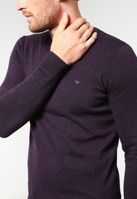 Pull en tricot violet foncé avec un col rond et des poignets côtelés. Petit logo sur la poitrine, avec une texture lisse.