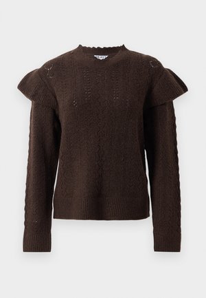 Dark brown knit sweater with textured cable patterns and ruffled shoulder details, featuring long sleeves and ribbed cuffs and hem.